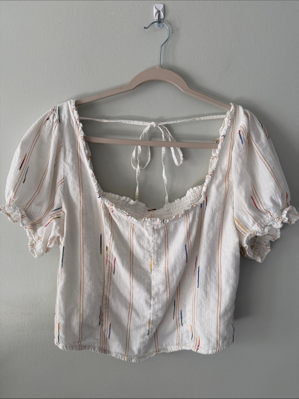 Free People Cream Peasant Top with Multicolor Stitching
